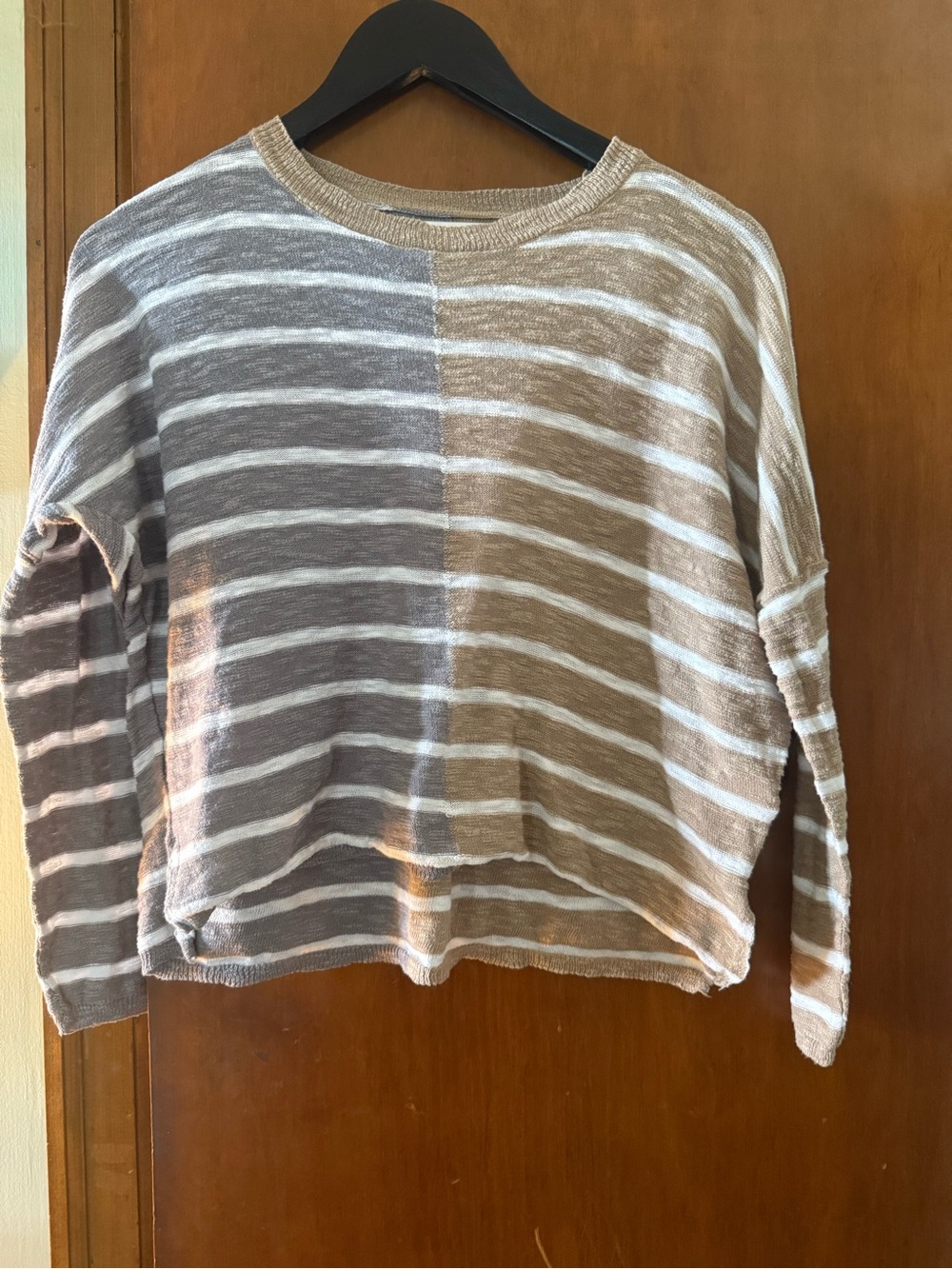 Stitch Drop Striped Long-Sleeve Knit Top - Taupe & White
